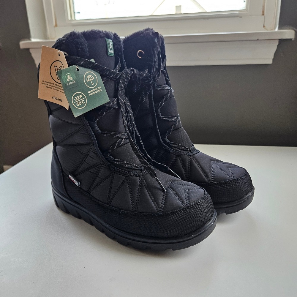 Kamik Hannah Mid Winter Boots Womens 8 Black Waterproof Snow Lace Up Fleece